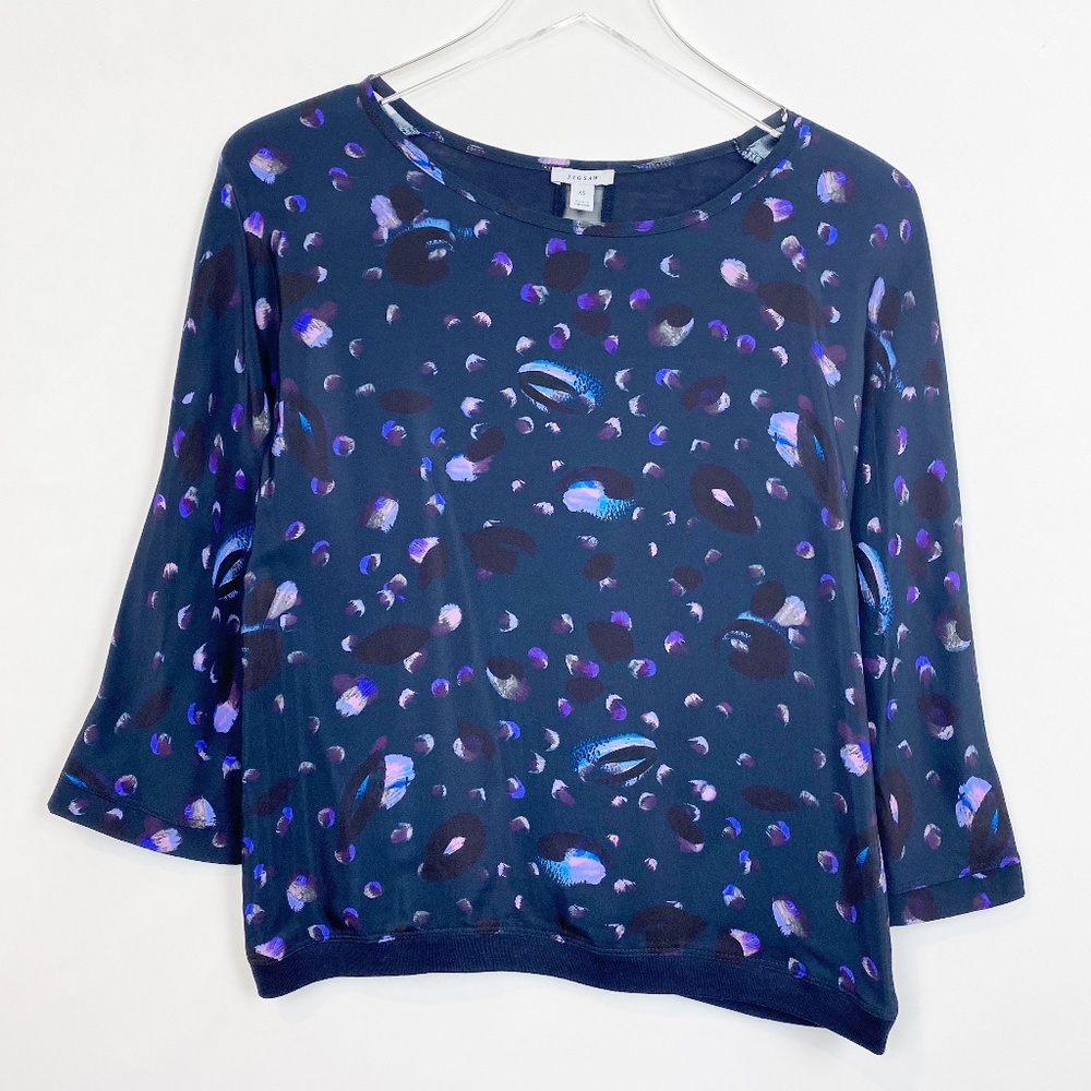 Jigsaw Blue Silk Printed Dolman Blouse XS